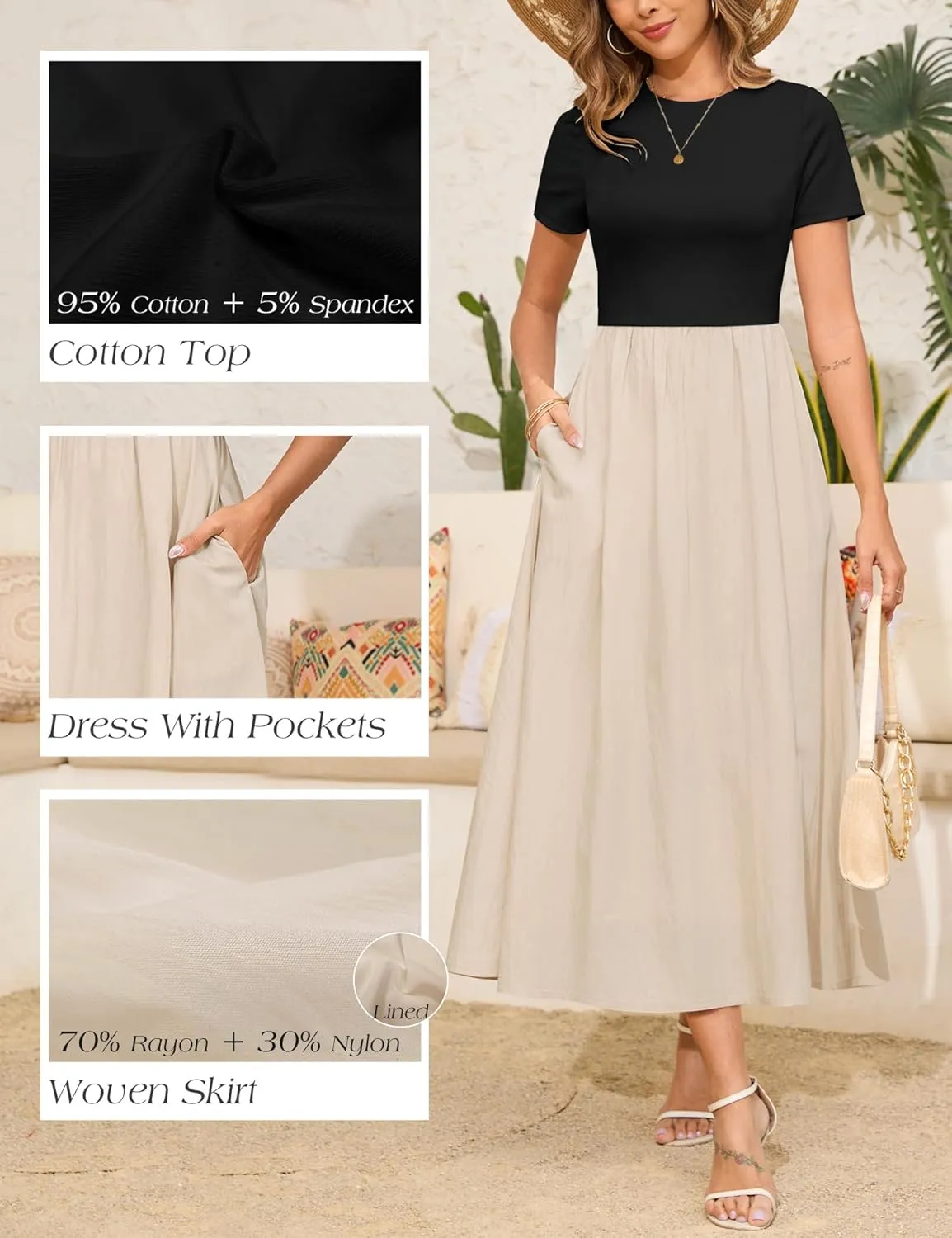 Annebouti Womens 2025 Summer Spring Maxi Dress Trendy Elegant Short Sleeve Cotton Top Casual Long Dress with Pockets