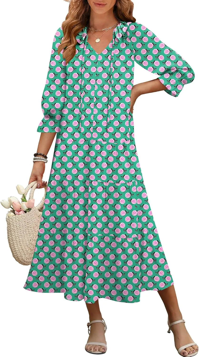 ANRABESS Women's Boho Maxi Dresses 2025 Summer Casual V Neck Puff Sleeve Floral Tiered Flowy Swing Beach Vacation Long Dress