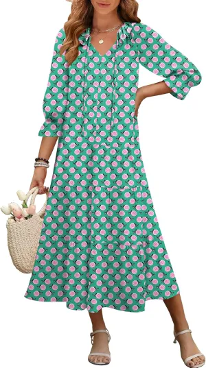 ANRABESS Women's Boho Maxi Dresses 2025 Summer Casual V Neck Puff Sleeve Floral Tiered Flowy Swing Beach Vacation Long Dress