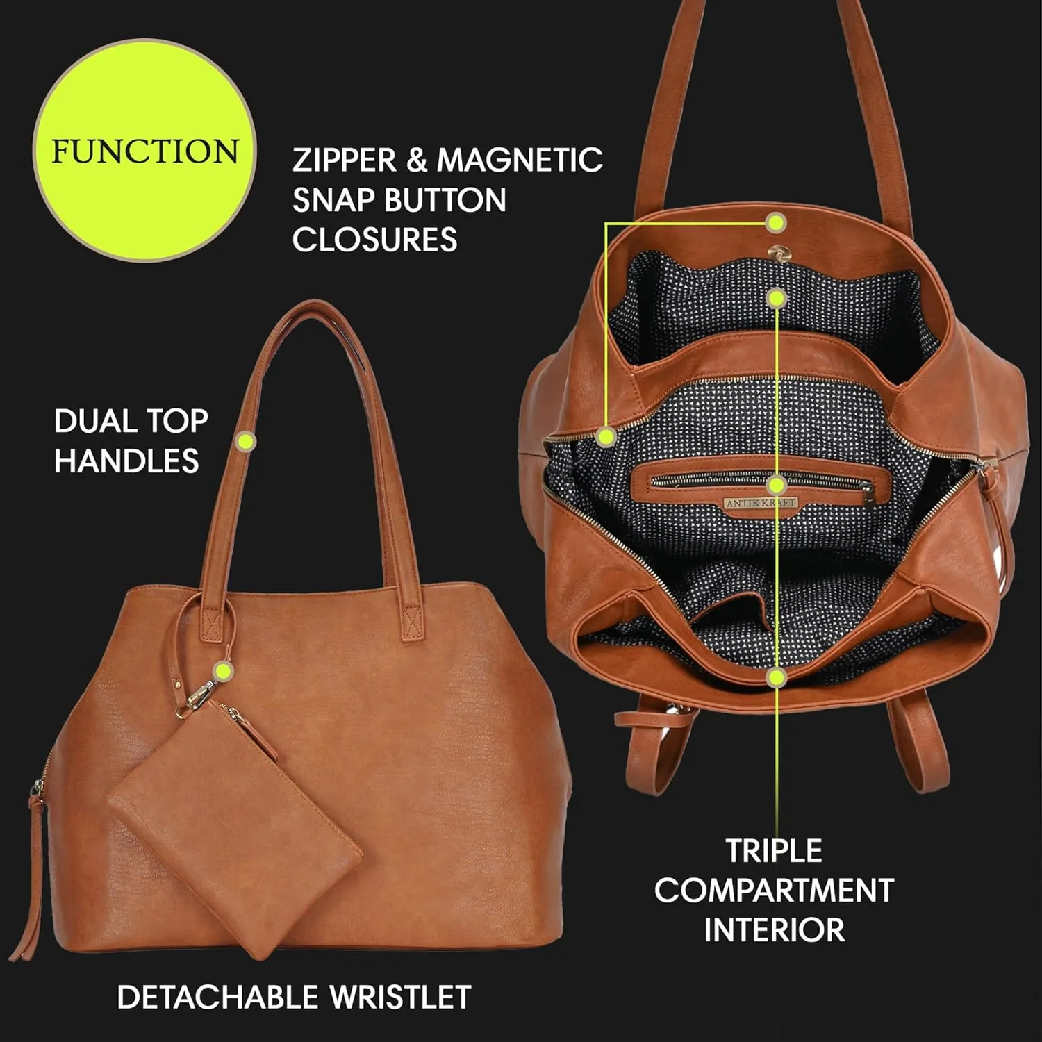 Antik Kraft Erica Tote | Dual Top Handle Tote Bag for Women | Vegan Leather Top-Handle Shoulder Bag