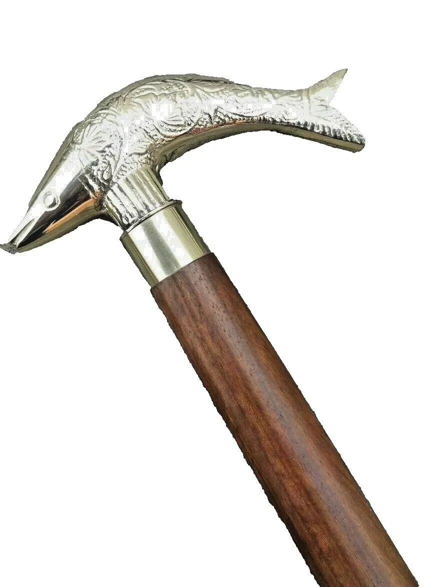 Antique Silver Fish Face Head Handle Walking Stick/Cane - Vintage Designer Handmade Wooden Walking Stick Cane Victorian Handmade Brass Handle Adjustable Length Solid Brass Fish Head Handle