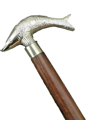 Antique Silver Fish Face Head Handle Walking Stick/Cane - Vintage Designer Handmade Wooden Walking Stick Cane Victorian Handmade Brass Handle Adjustable Length Solid Brass Fish Head Handle