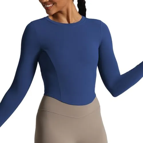 Aoxjox Long Sleeve T-Shirt for Women GEO Seamlines Padded Baby Tee Workout Crop Top
