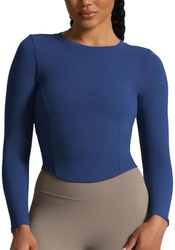 Aoxjox Long Sleeve T-Shirt for Women GEO Seamlines Padded Baby Tee Workout Crop Top