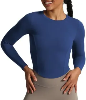 Aoxjox Long Sleeve T-Shirt for Women GEO Seamlines Padded Baby Tee Workout Crop Top