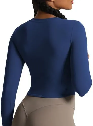 Aoxjox Long Sleeve T-Shirt for Women GEO Seamlines Padded Baby Tee Workout Crop Top