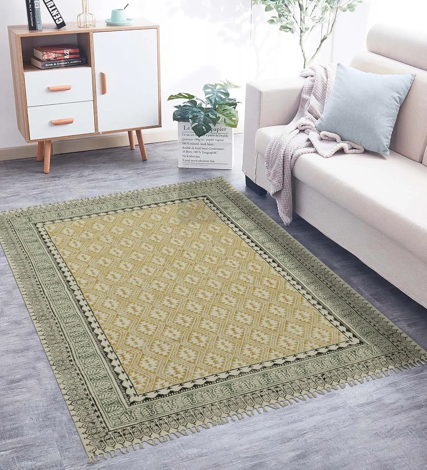 Area Rug 2x3 Kilim Hand Block Printed Cotton Flatweave Yellow & Beige Geometric Design Easy Washable Thick 0.19" Hand Surface Wash Indoor Outdoor for Kitchen, Bedside, Yoga
