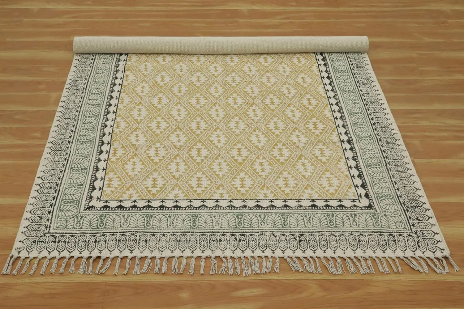 Area Rug 2x3 Kilim Hand Block Printed Cotton Flatweave Yellow & Beige Geometric Design Easy Washable Thick 0.19" Hand Surface Wash Indoor Outdoor for Kitchen, Bedside, Yoga