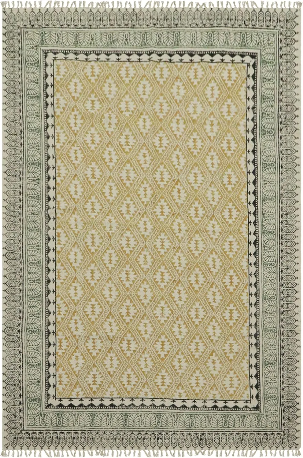 Area Rug 2x3 Kilim Hand Block Printed Cotton Flatweave Yellow & Beige Geometric Design Easy Washable Thick 0.19" Hand Surface Wash Indoor Outdoor for Kitchen, Bedside, Yoga