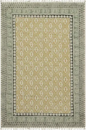 Area Rug 2x3 Kilim Hand Block Printed Cotton Flatweave Yellow & Beige Geometric Design Easy Washable Thick 0.19" Hand Surface Wash Indoor Outdoor for Kitchen, Bedside, Yoga