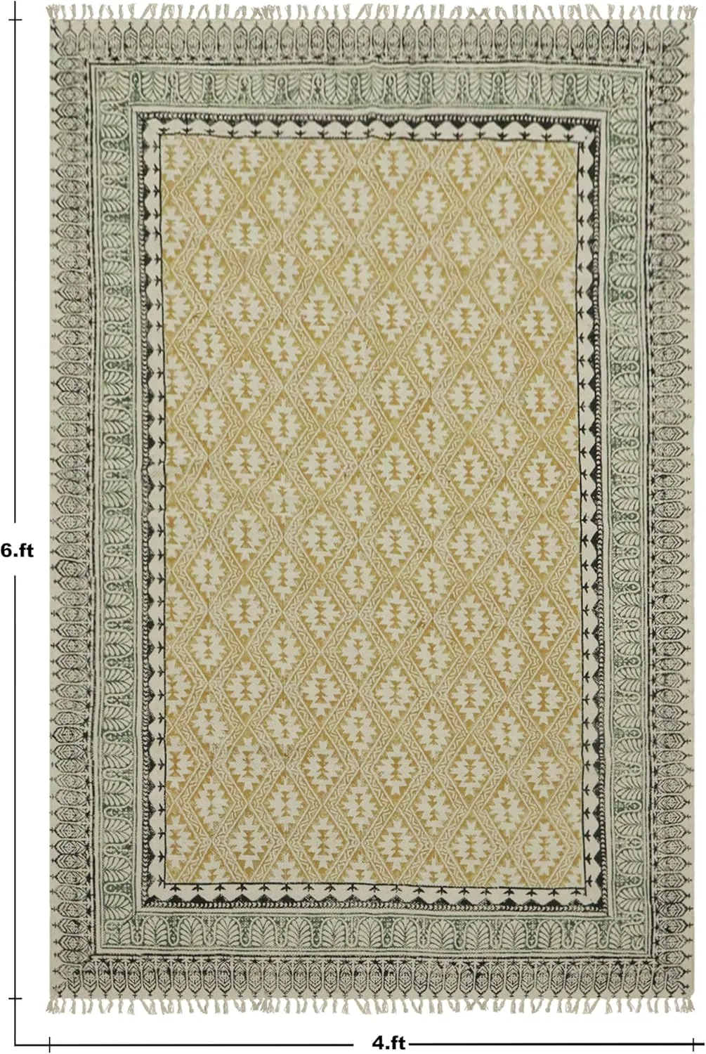 Area Rug 2x3 Kilim Hand Block Printed Cotton Flatweave Yellow & Beige Geometric Design Easy Washable Thick 0.19" Hand Surface Wash Indoor Outdoor for Kitchen, Bedside, Yoga