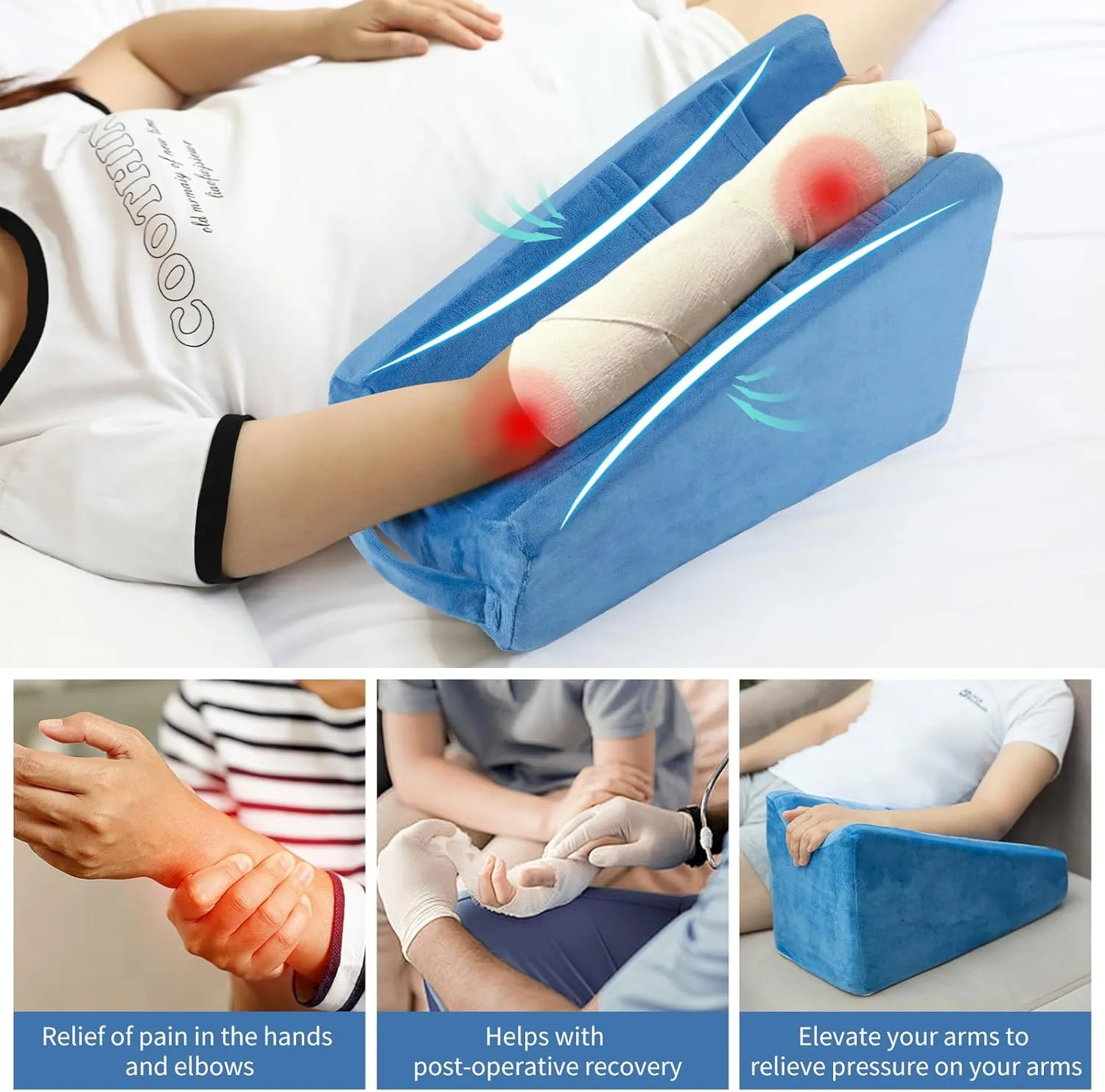 Arm Elevation Pillow Arm Wedge Pillows for Adults Arm Support Pillow with Pocket for Post Surgery Elbow Arm Rest Pillow with Removable Pillow for Sleeping(Blue)