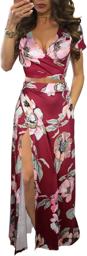 Aro Lora Women's Sexy V Neck Floral Printed Side Slit Two-Piece Maxi Dress