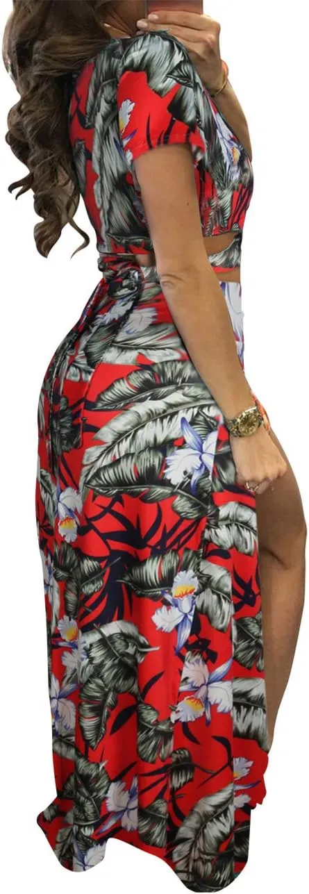 Aro Lora Women's Sexy V Neck Floral Printed Side Slit Two-Piece Maxi Dress