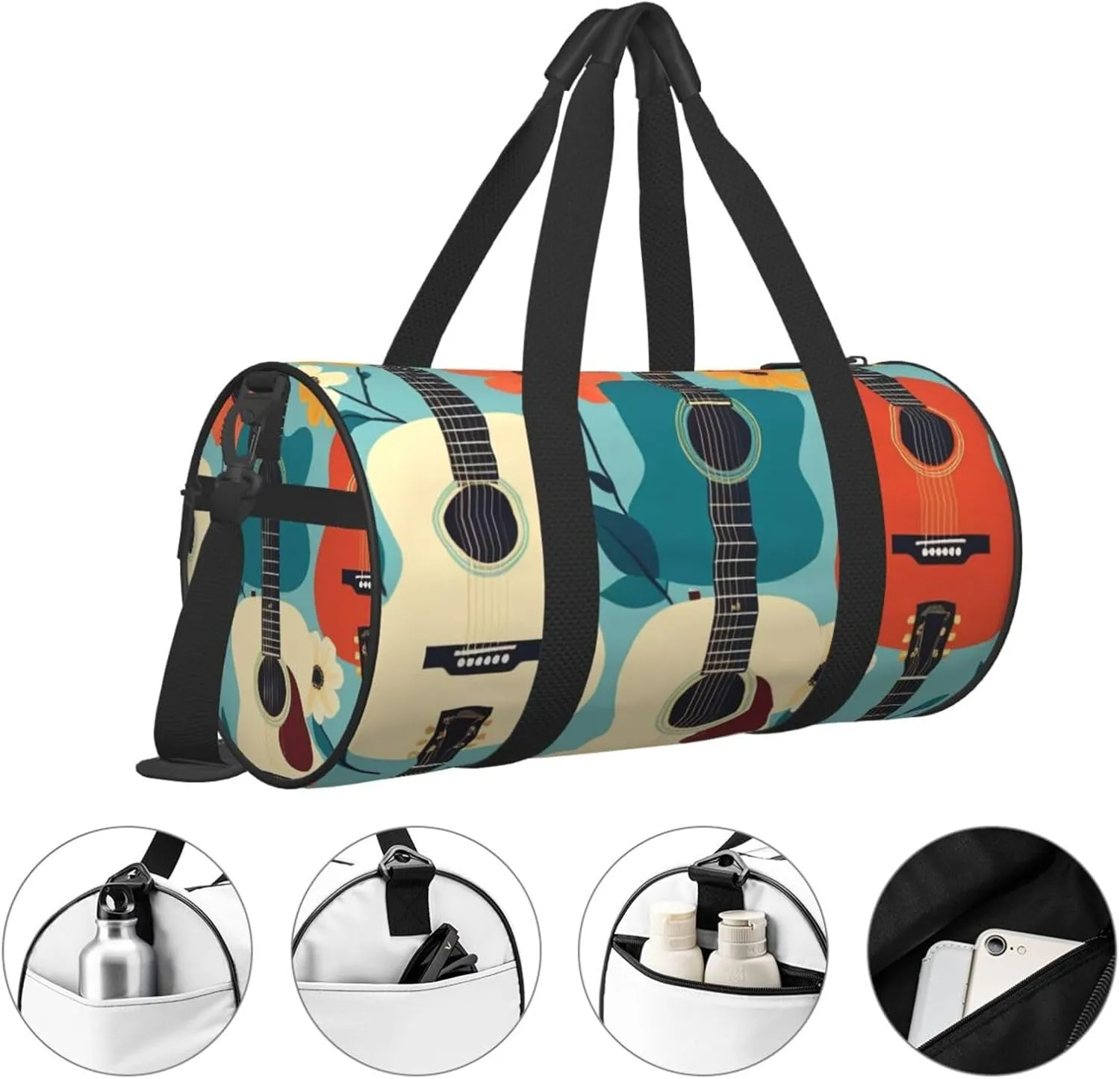 Art Guitar Pattern Printed Travel Bag,Round Personal Item Storage bag,Foldie Duffel Bag for Traveling Vacation,Fitness,Sports