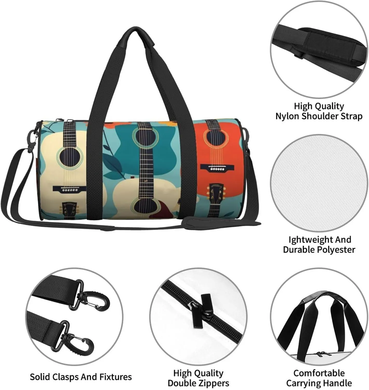 Art Guitar Pattern Printed Travel Bag,Round Personal Item Storage bag,Foldie Duffel Bag for Traveling Vacation,Fitness,Sports