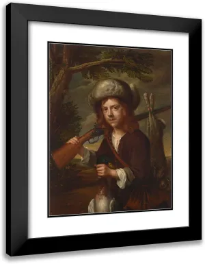 ArtDirect After Wallerant Vaillant 15x18 Black Modern Frame and Double Matted Museum Art Print Titled - A Young Hunter, in a Fur Cap with a Rifle, Mallard and Hare