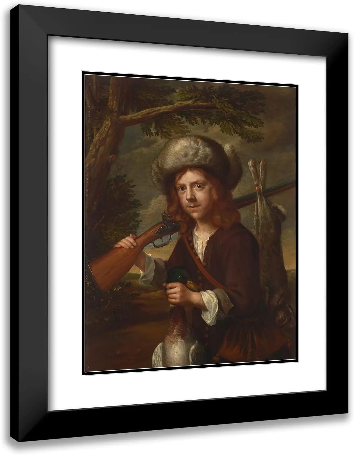 ArtDirect After Wallerant Vaillant 15x18 Black Modern Frame and Double Matted Museum Art Print Titled - A Young Hunter, in a Fur Cap with a Rifle, Mallard and Hare