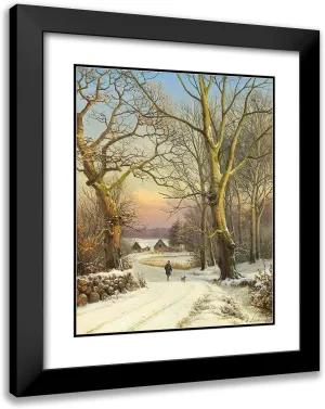 ArtDirect Anders Andersen-Lundby 15x18 Black Modern Frame and Double Matted Museum Art Print Titled - Winter Day in the Forest, North Zealand. a Man Airs the Dog (1874)