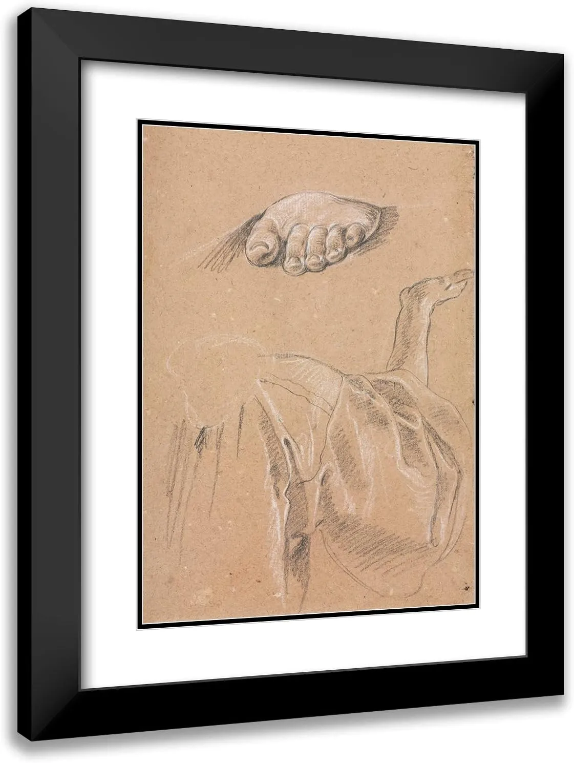 ArtDirect Francesco Lorenzi 18x24 Black Modern Frame and Double Matted Museum Art Print Titled - Study of a Left Foot and Drapery Study with Right Arm (1760)