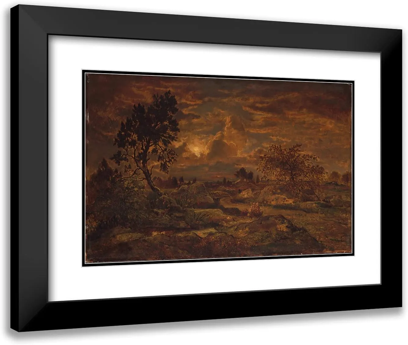 ArtDirect Théodore Rousseau 18x13 Black Modern Frame and Double Matted Museum Art Print Titled - Sunset Near Arbonne (ca. 1860-65)