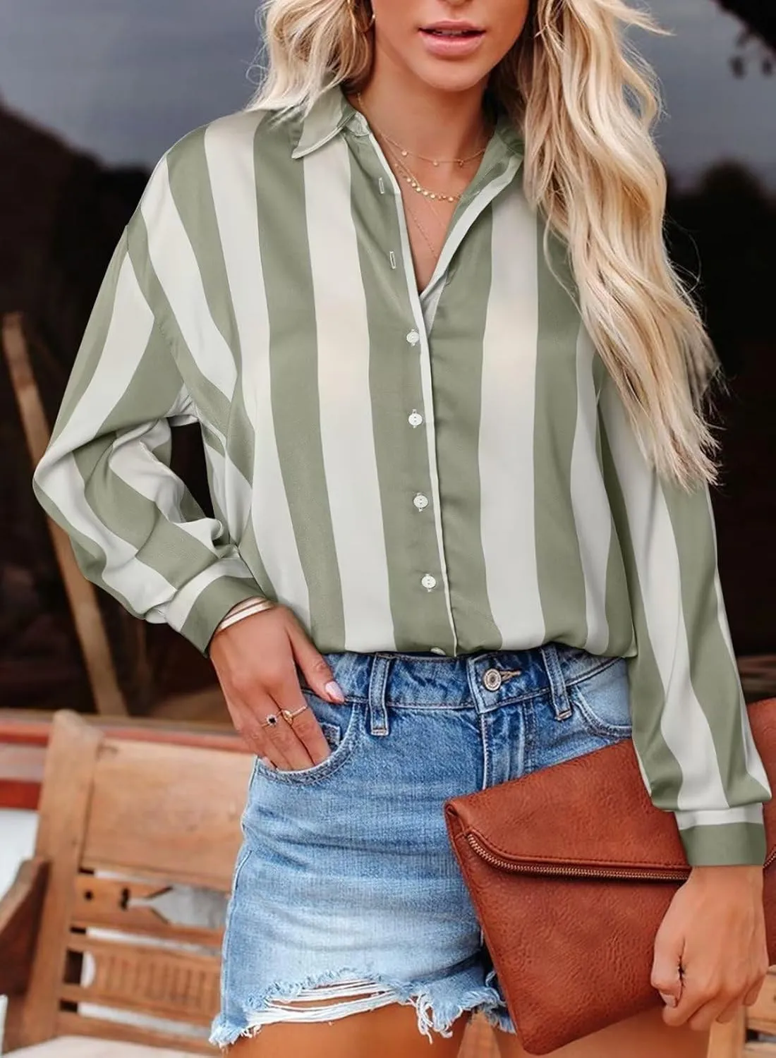 Astylish Women Button-Down Shirts V-Neck Elegant Blouse Long Sleeve Basic Top