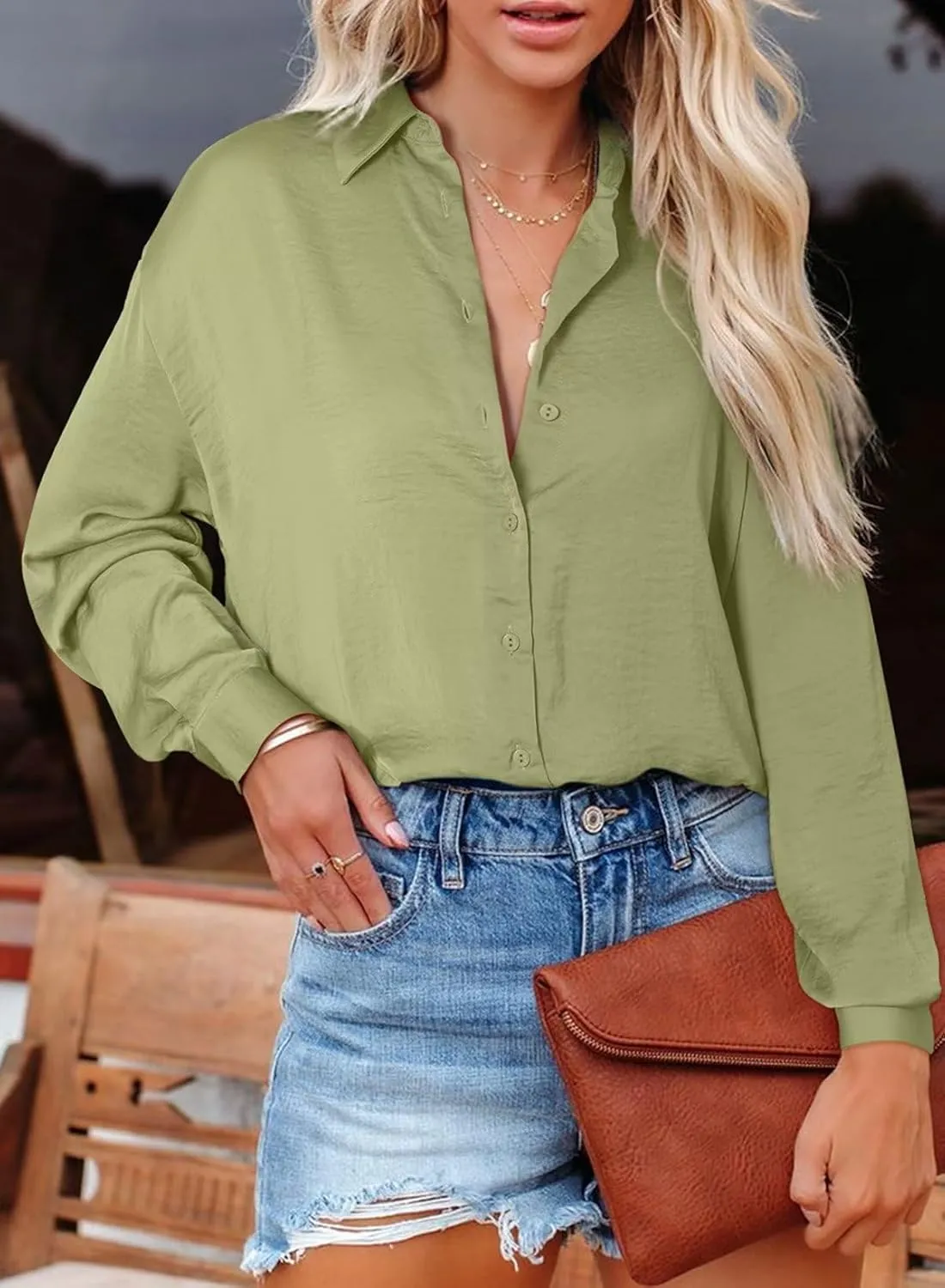 Astylish Women Button-Down Shirts V-Neck Elegant Blouse Long Sleeve Basic Top