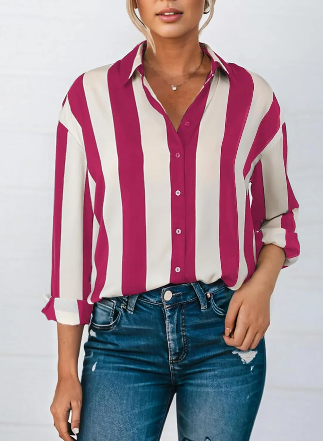 Astylish Women Button-Down Shirts V-Neck Elegant Blouse Long Sleeve Basic Top