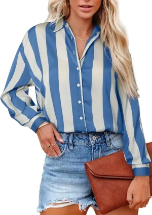 Astylish Women Button-Down Shirts V-Neck Elegant Blouse Long Sleeve Basic Top