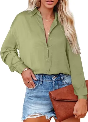 Astylish Women Button-Down Shirts V-Neck Elegant Blouse Long Sleeve Basic Top