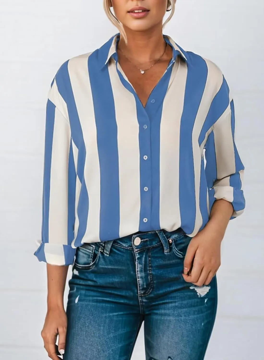 Astylish Women Button-Down Shirts V-Neck Elegant Blouse Long Sleeve Basic Top