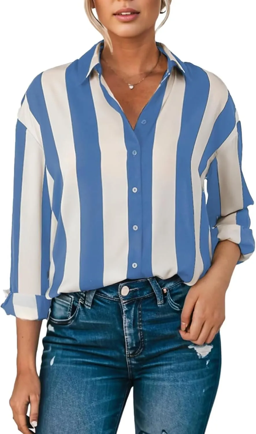 Astylish Women Button-Down Shirts V-Neck Elegant Blouse Long Sleeve Basic Top