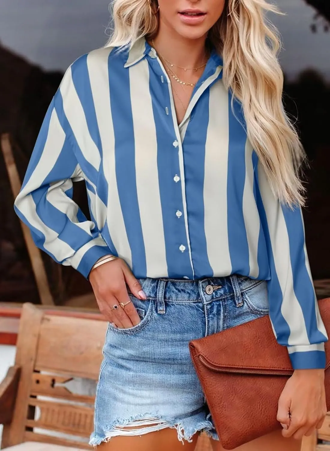 Astylish Women Button-Down Shirts V-Neck Elegant Blouse Long Sleeve Basic Top