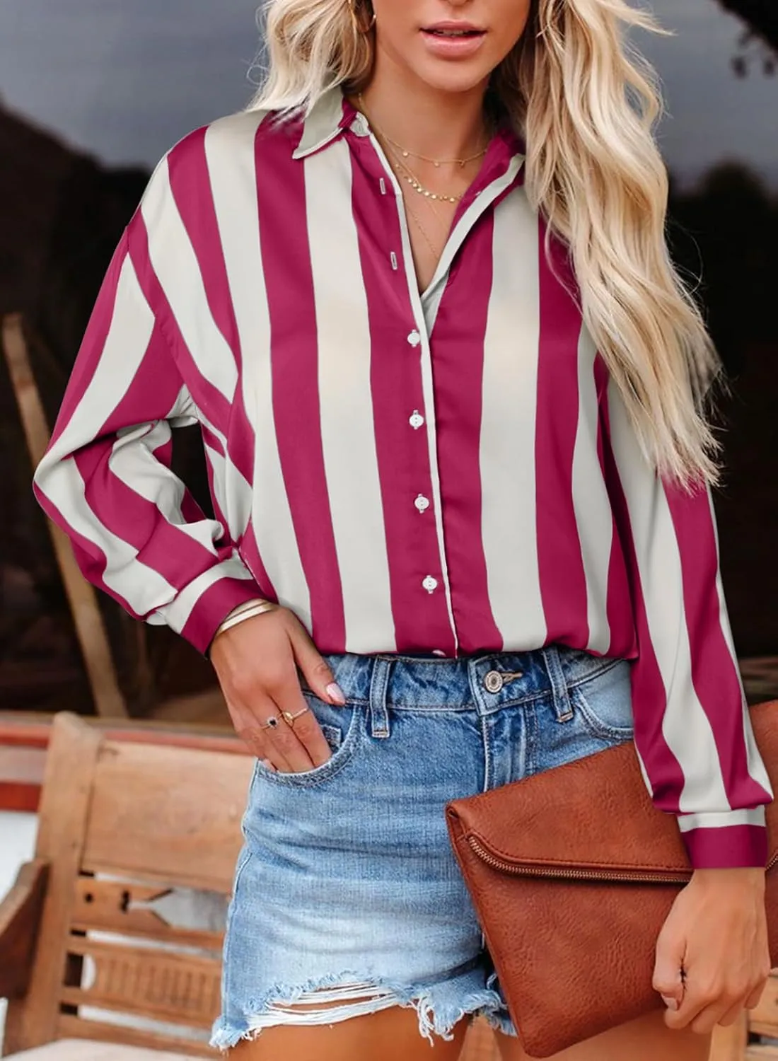 Astylish Women Button-Down Shirts V-Neck Elegant Blouse Long Sleeve Basic Top