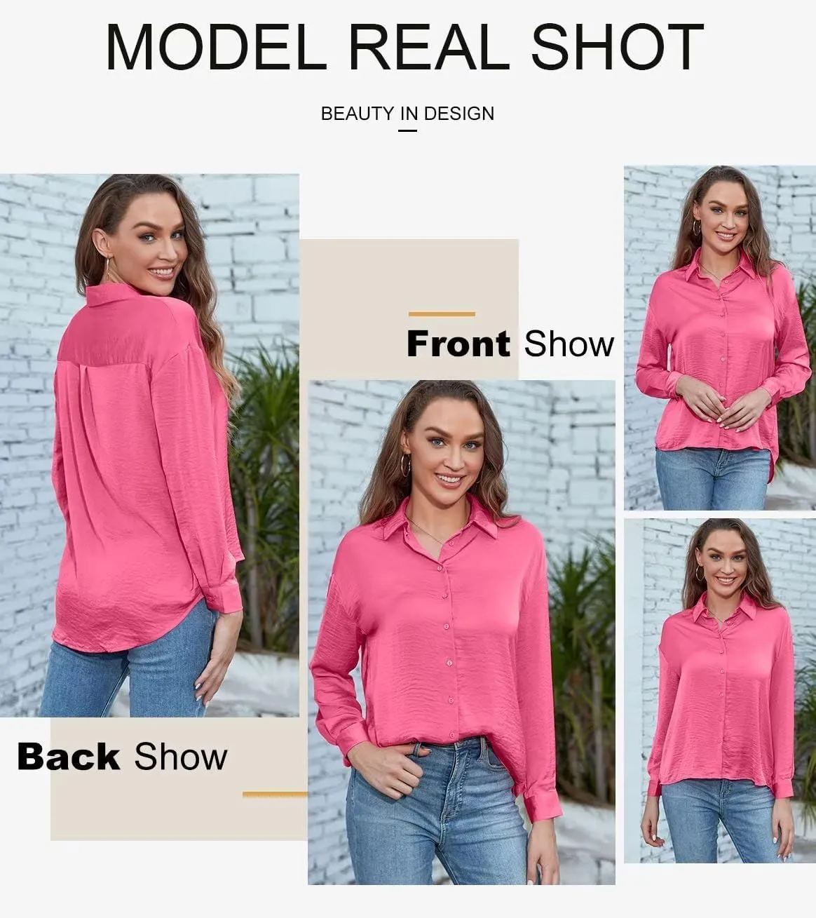 Astylish Women Button-Down Shirts V-Neck Elegant Blouse Long Sleeve Basic Top