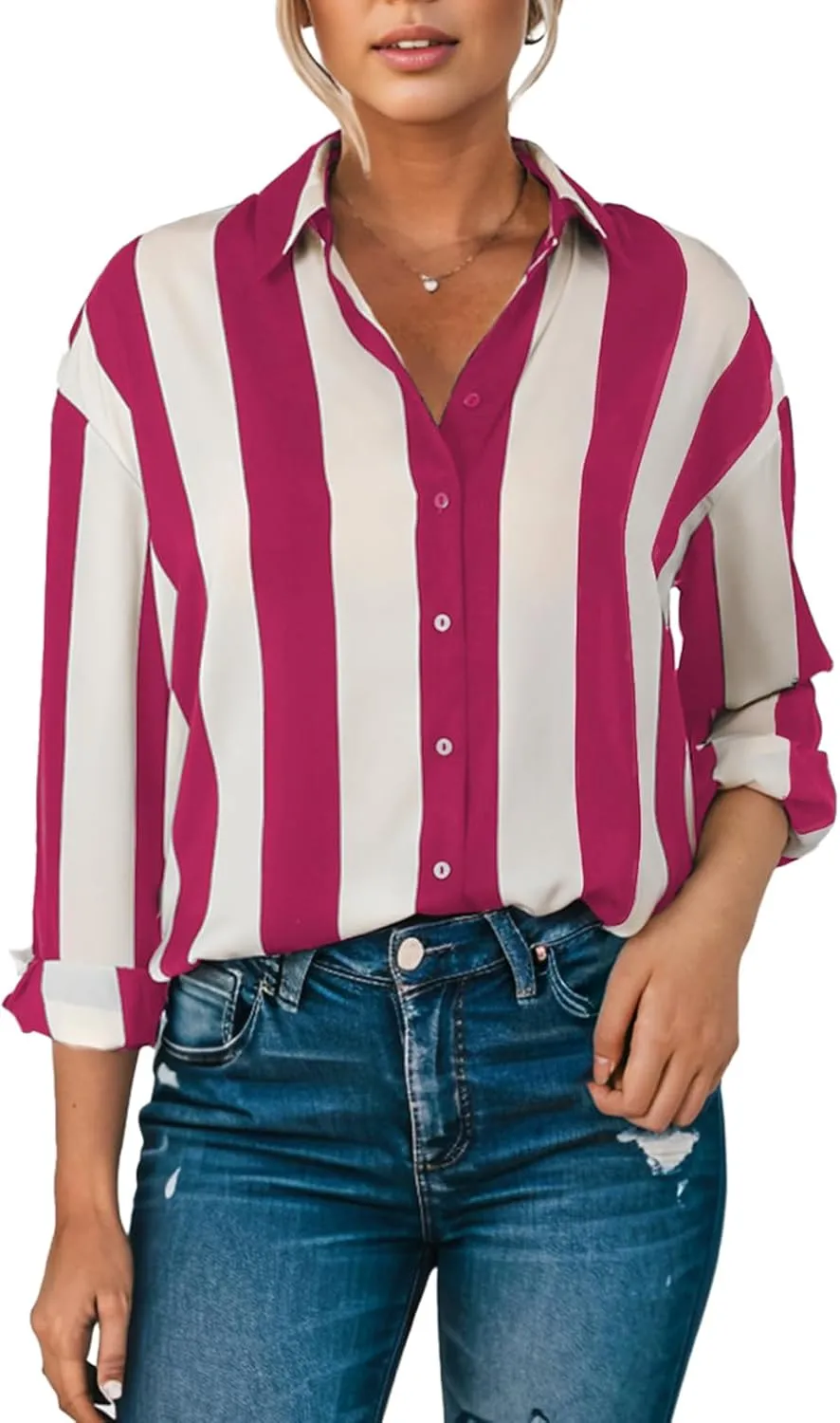 Astylish Women Button-Down Shirts V-Neck Elegant Blouse Long Sleeve Basic Top