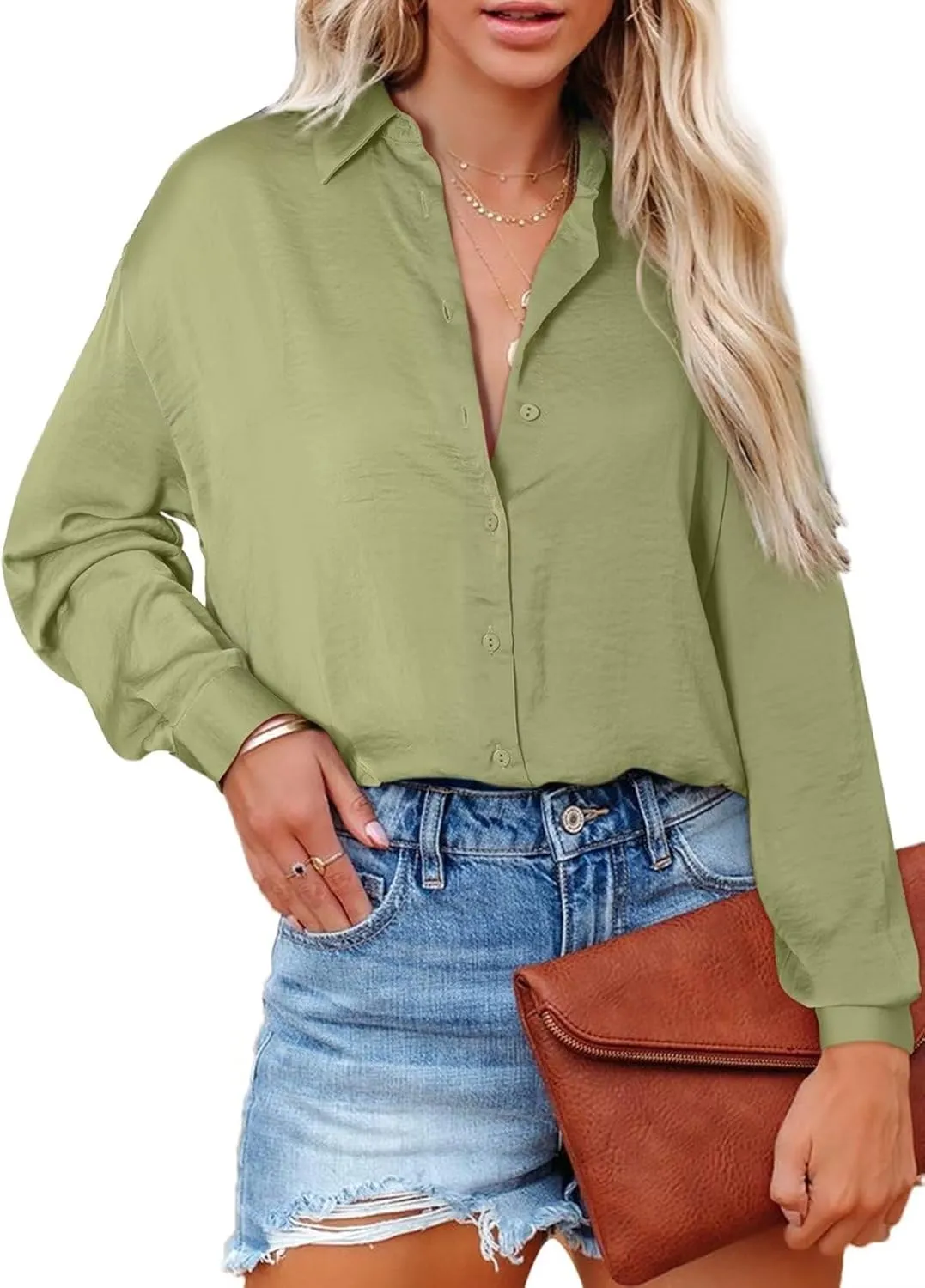 Astylish Women Button-Down Shirts V-Neck Elegant Blouse Long Sleeve Basic Top