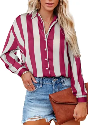 Astylish Women Button-Down Shirts V-Neck Elegant Blouse Long Sleeve Basic Top