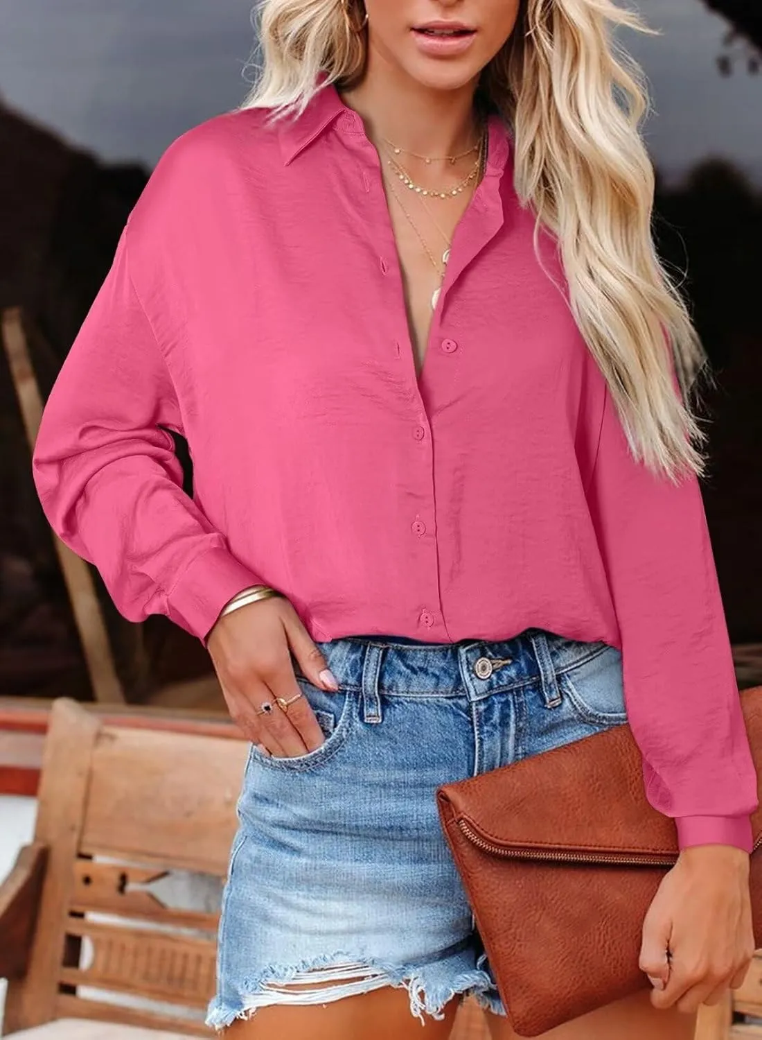 Astylish Women Button-Down Shirts V-Neck Elegant Blouse Long Sleeve Basic Top