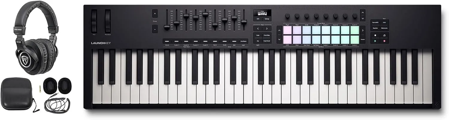 Audiosavings Bundle: Novation LAUNCHKEY 61 MK4 61-Key USB MIDI Ableton Live Keyboard Controller Bundle with Rockville PRO-M50 Studio Headphones w/Detachable Coil Cable & Case Extra Ear Pad (2 Items)