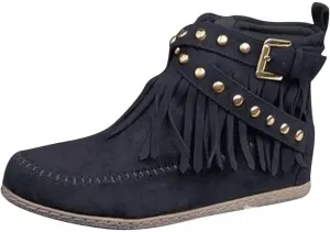 AUNTHUI Sursell Women's Suede Fringe Ankle Boots Round Toe Flats,Winter Warm Fashionable Western Outdoor Short Boots with Zipper