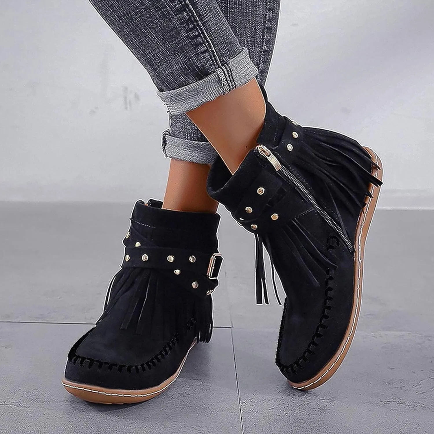 AUNTHUI Sursell Women's Suede Fringe Ankle Boots Round Toe Flats,Winter Warm Fashionable Western Outdoor Short Boots with Zipper