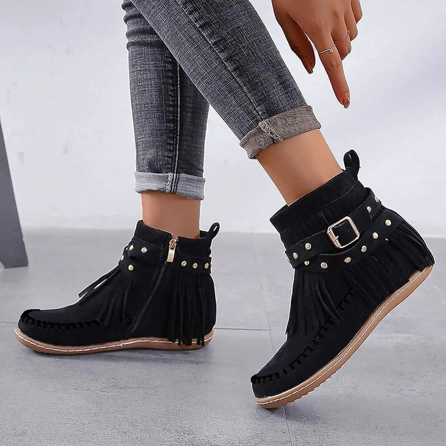 AUNTHUI Sursell Women's Suede Fringe Ankle Boots Round Toe Flats,Winter Warm Fashionable Western Outdoor Short Boots with Zipper
