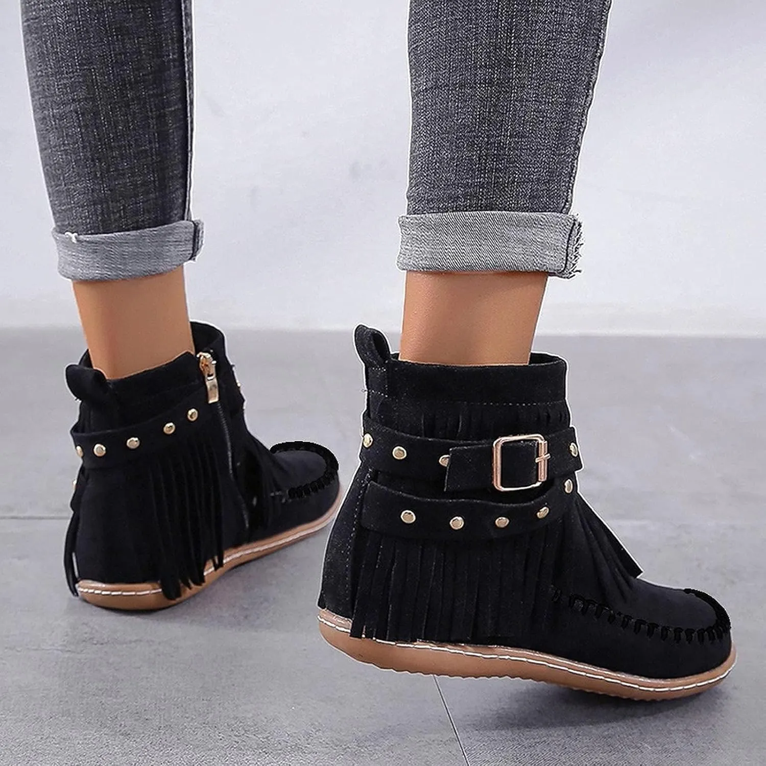 AUNTHUI Sursell Women's Suede Fringe Ankle Boots Round Toe Flats,Winter Warm Fashionable Western Outdoor Short Boots with Zipper