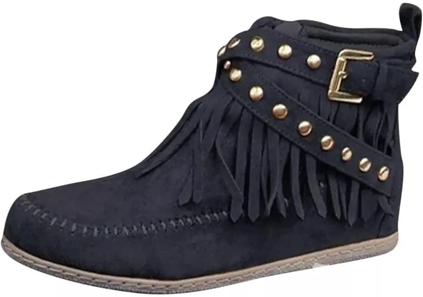AUNTHUI Sursell Women's Suede Fringe Ankle Boots Round Toe Flats,Winter Warm Fashionable Western Outdoor Short Boots with Zipper