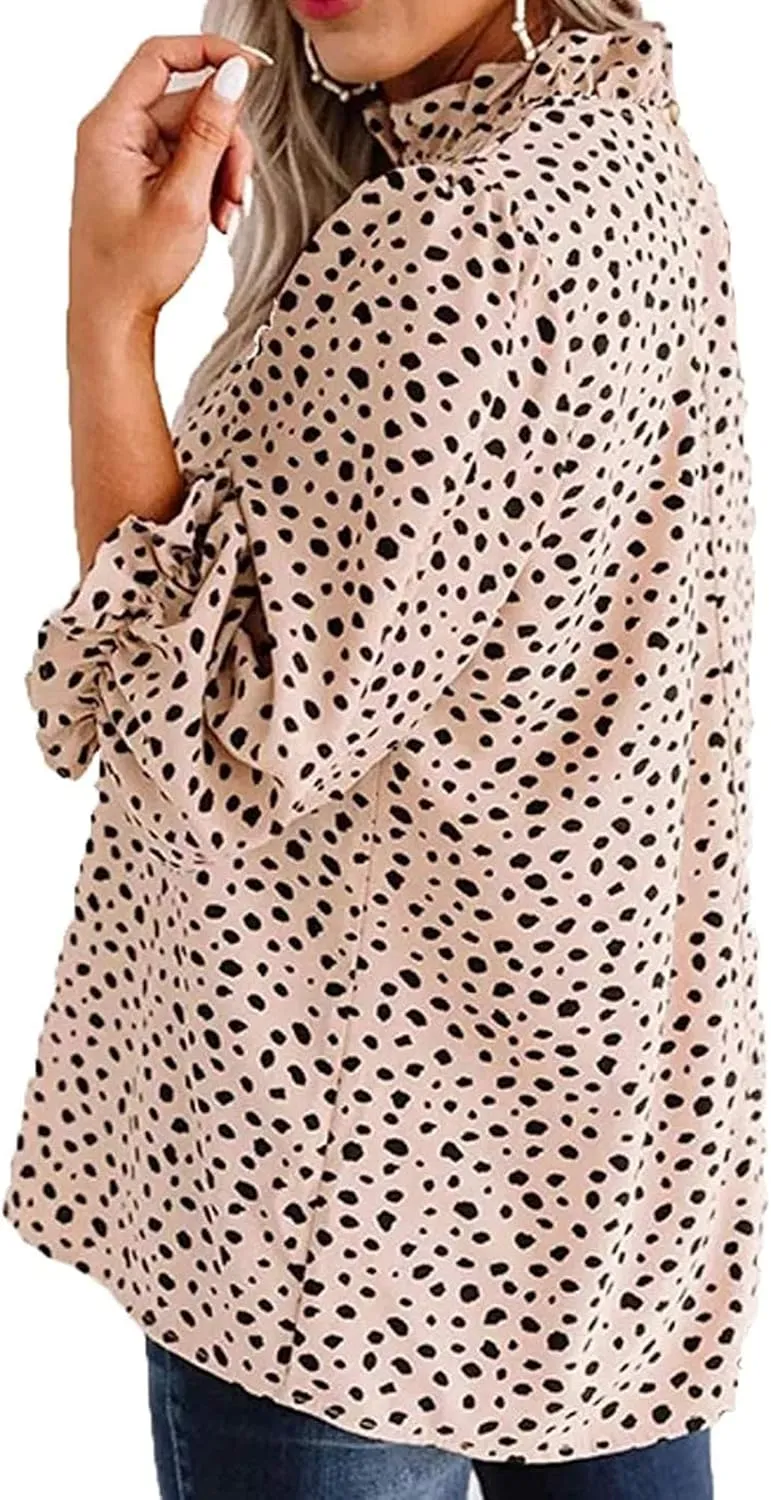 Avanova Women Polka Dot Long Sleeve Blouse Shirts Work Mock Neck Ruffle Top
