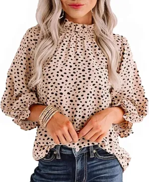 Avanova Women Polka Dot Long Sleeve Blouse Shirts Work Mock Neck Ruffle Top