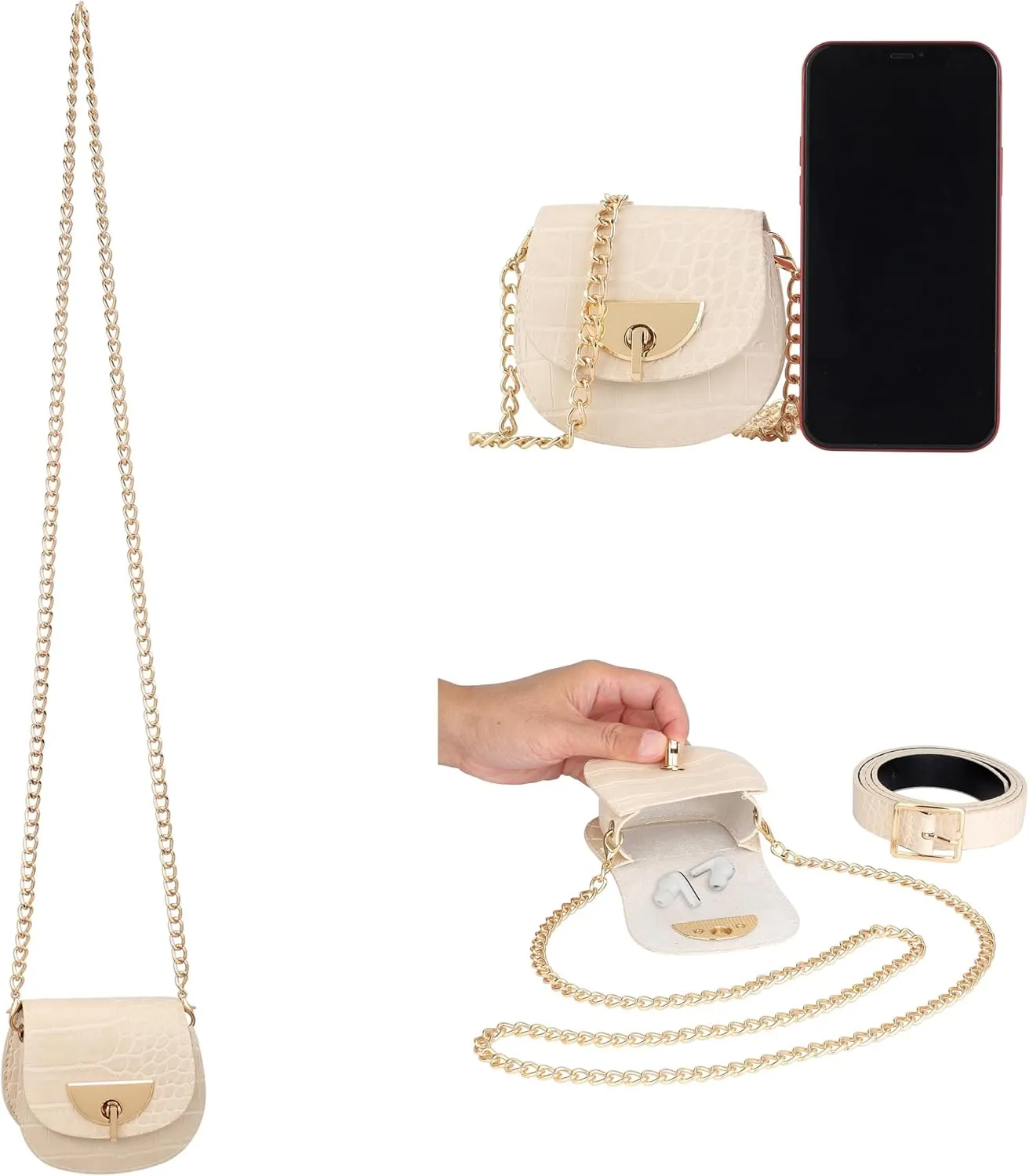 Ayliss Women Fanny Waist Bag PU Leather Belt Bag for Women Fanny Pack Mini Belt Bag Crossbody Waist Purse Y2K Chain Bag Detachable (Beige)