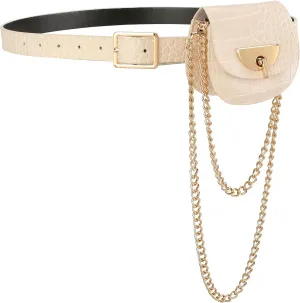 Ayliss Women Fanny Waist Bag PU Leather Belt Bag for Women Fanny Pack Mini Belt Bag Crossbody Waist Purse Y2K Chain Bag Detachable (Beige)
