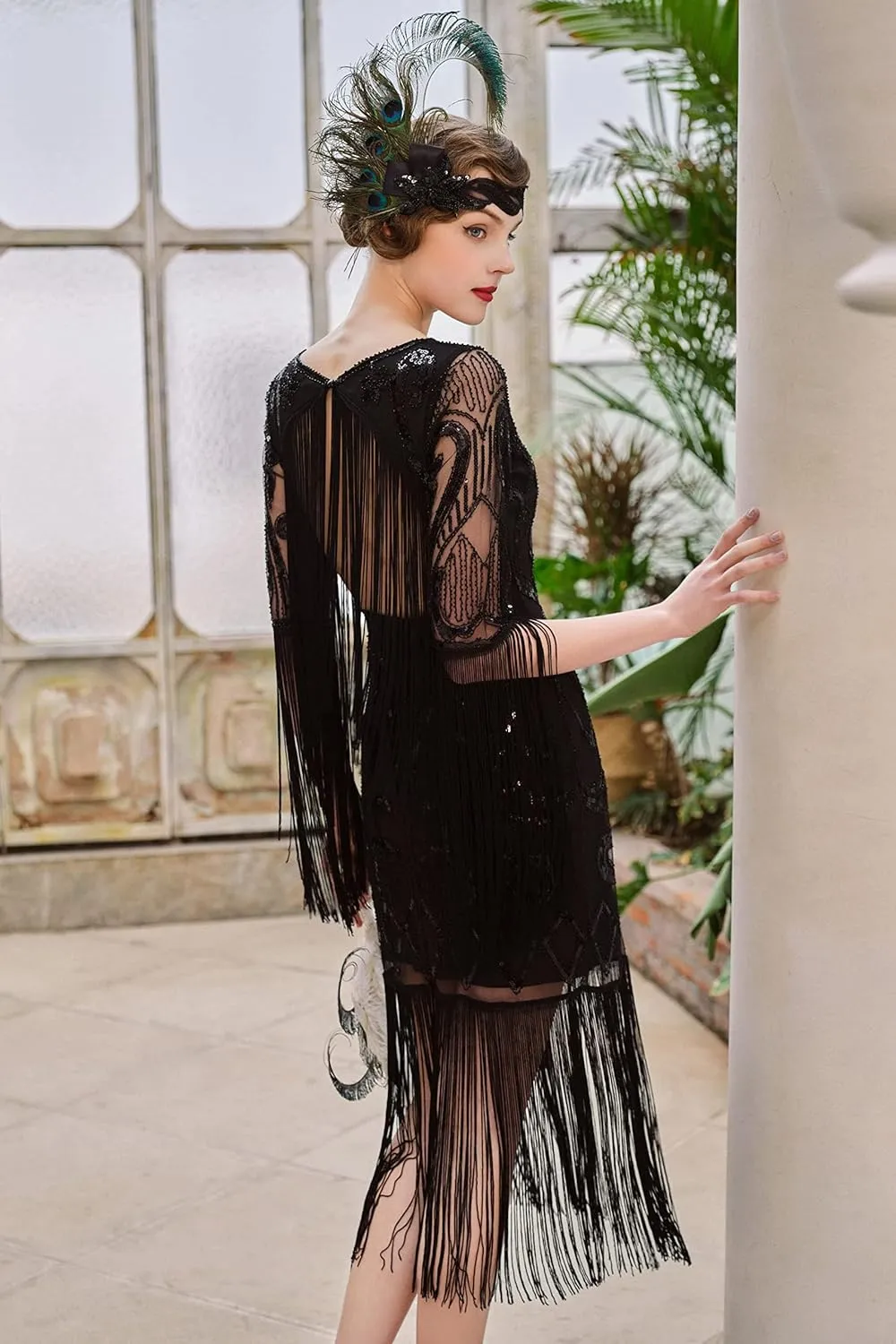 BABEYOND 1920s Flapper Dress Long Fringe Gatsby Dress Roaring 20s Sequin Beaded Dress Vintage Art Deco Dress